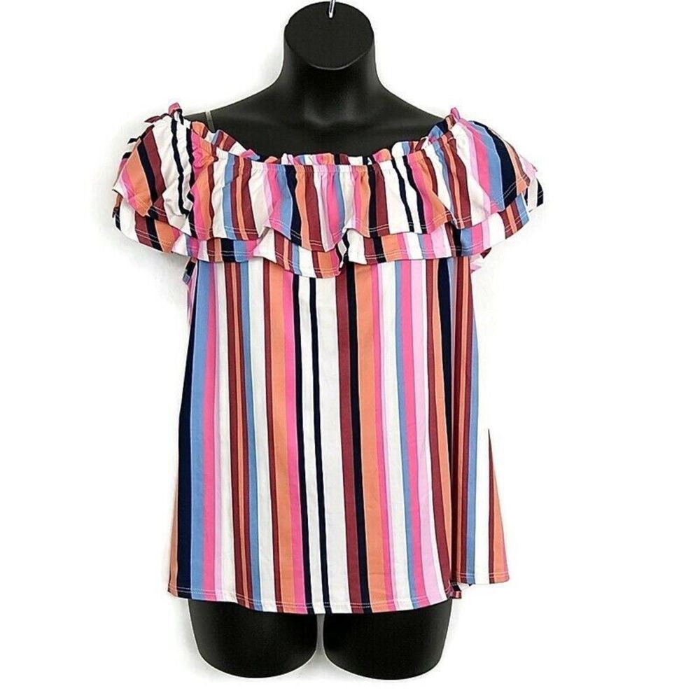 Haptics Womens sz 2XL Top Pink Multicolor Striped Off Shoulder Ruffle Neck